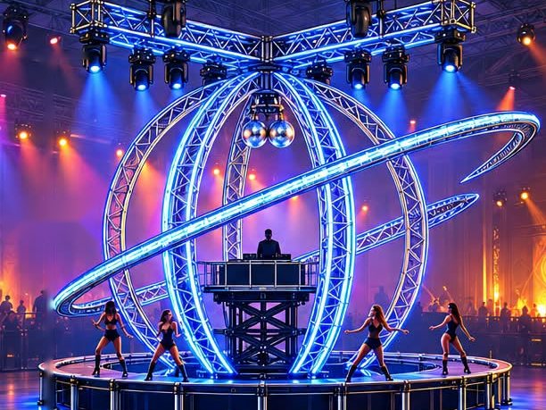 3D render of the 8 m truss sphere with orbit rings, DJ platform and circular dancer deck